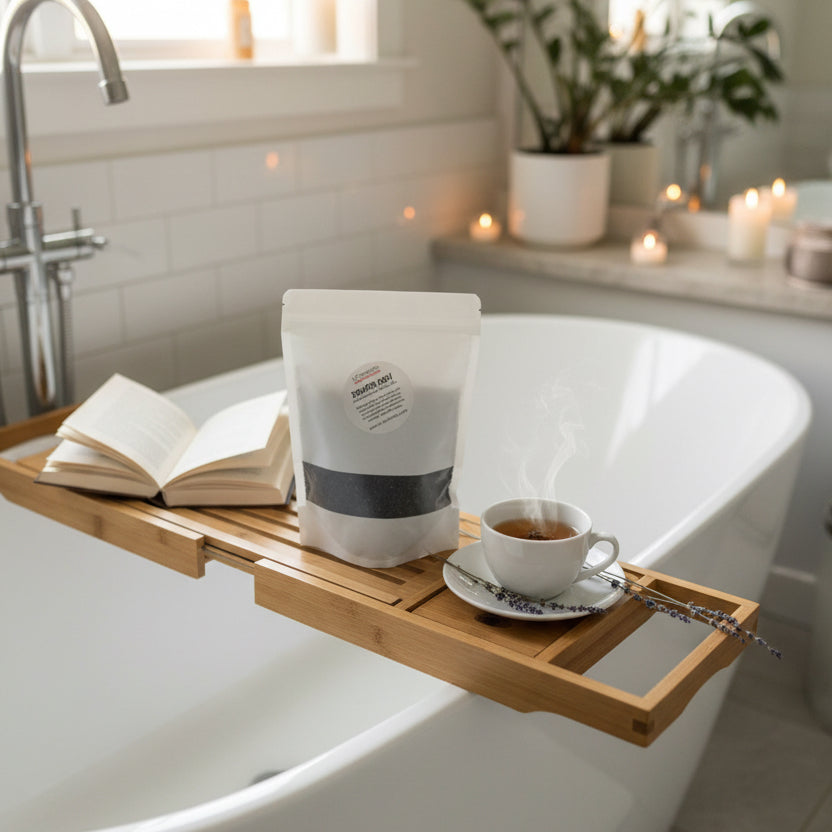 Breathe Easy Bath Product on a bath caddy over a free standing bath tub next to a cup of tea and a book