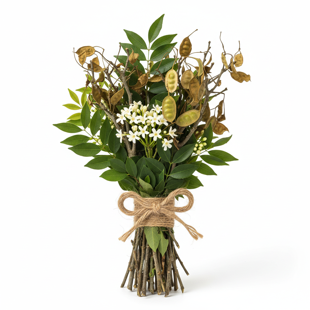 Bouquet of greenery with white flowers and a brown bow representing Peru balsam on a white background