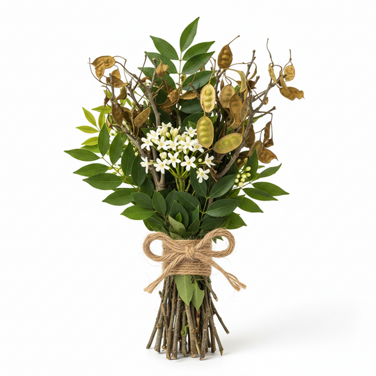 Bouquet of greenery with white flowers and a brown bow representing Peru balsam on a white background