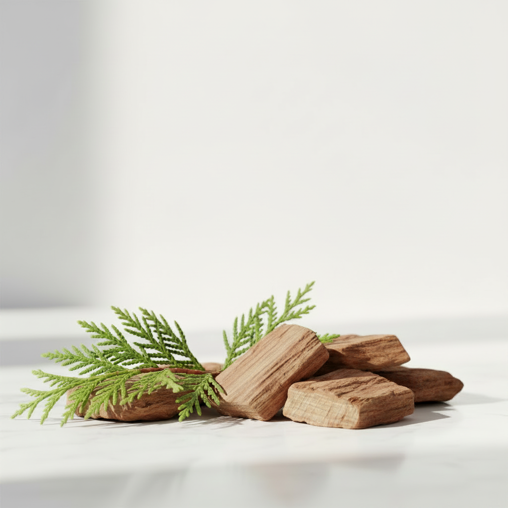 Wooden blocks with greenery on a light background