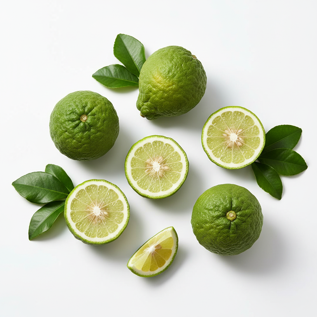 bergamot fruit with leaves on a white background