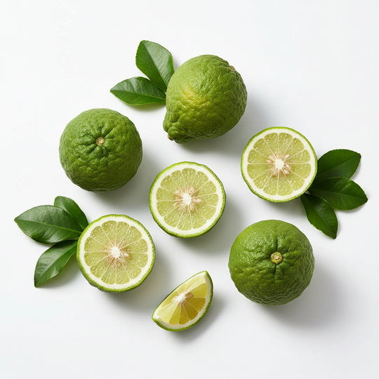 bergamot fruit with leaves on a white background