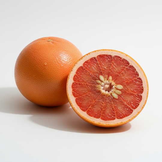 Whole and halved grapefruit on a white background