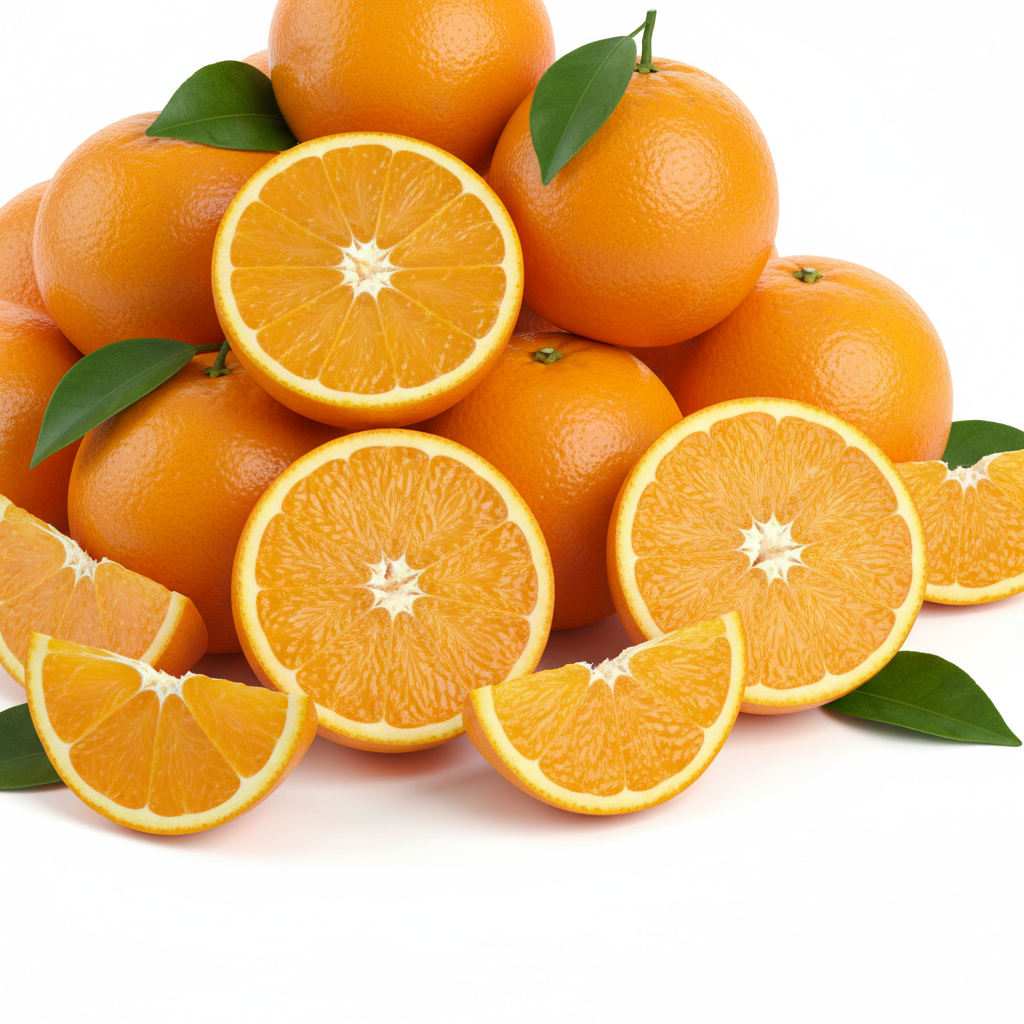 Oranges with some sliced open on a white background