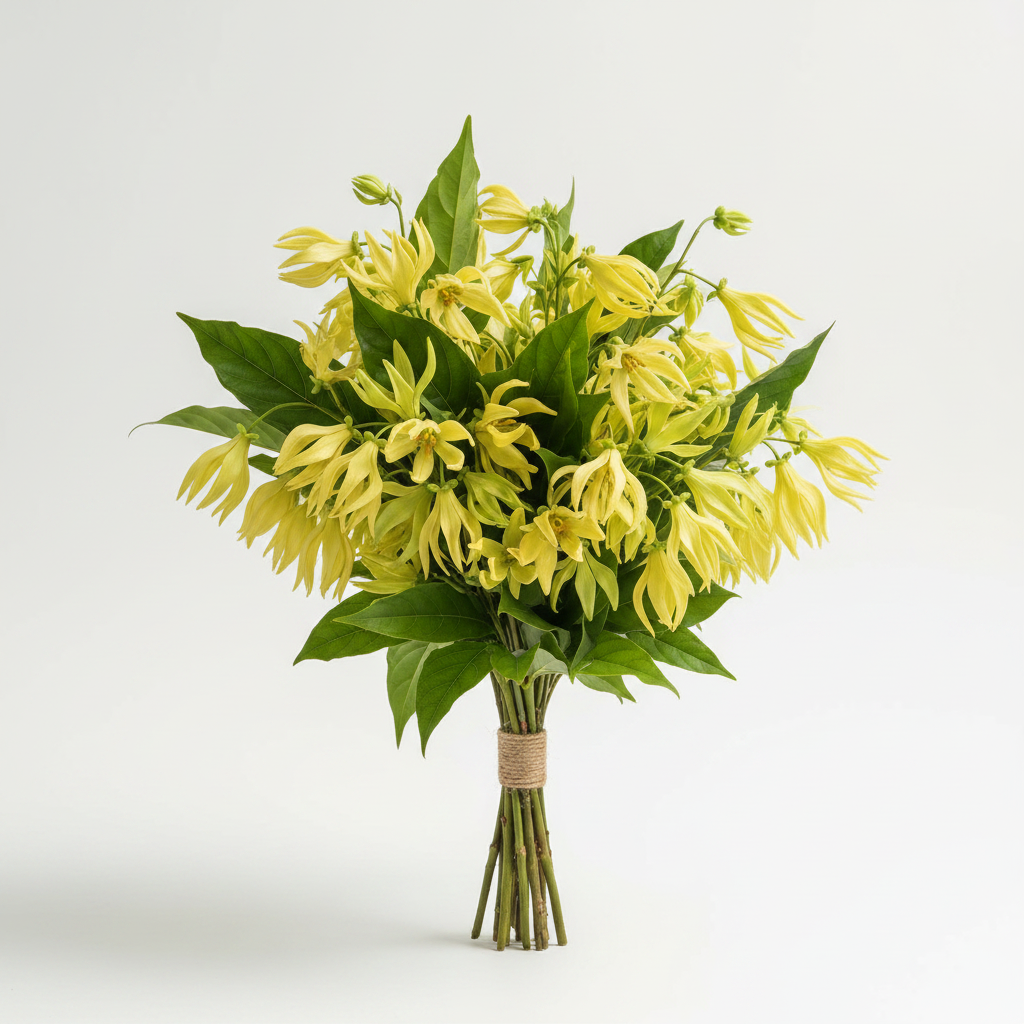 Bouquet of ylang ylang flowers with green leaves on a light gray background